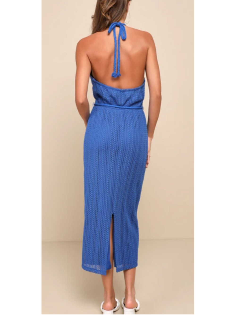 Lulus Sunny Impression Blue Crochet Halter Midi Dress Removable Belt NWT Small - Picture 10 of 10